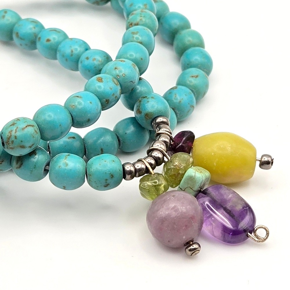 Handmade 19" Amethyst, Peridot and Turquoise Natural Gemstone Bead Necklace Boho